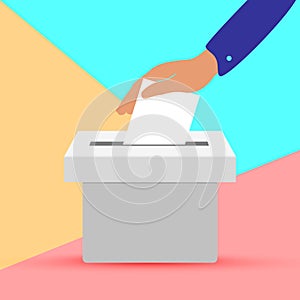 Flat hand putting vote bulletin into ballot box icon. Election concept on pink blue colored pastel background photo