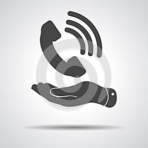 Flat hand showing black phone receiver icon