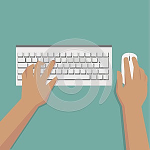 Flat Hands typing on white keyboard with mouse