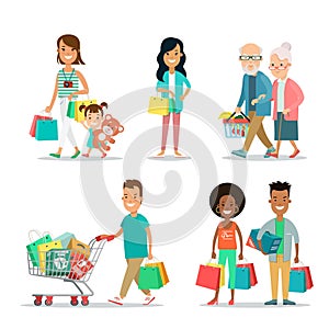 Flat Happy family shopping people with purchases b