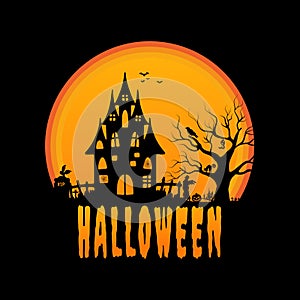 Flat happy Halloween yellow background with trees and pumpkins