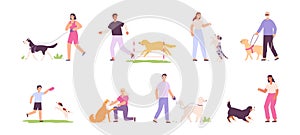 Flat happy people walking, training and playing with dogs. Blind person with guide dog. Men and women and domestic dogs