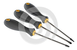 Flat head, square and torx screwdrivers. 3D rendering