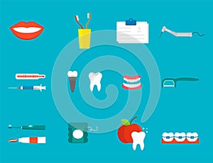 Flat health care dentist medical tools medicine instrument hygiene stomatology vector illustration.