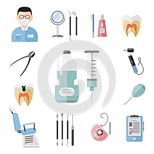 Flat health care dentist medical tools medicine instrument hygiene stomatology vector illustration.