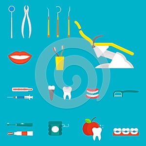 Flat health care dentist medical tools medicine instrument hygiene stomatology vector illustration.