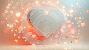 flat heart against a background in pastel colors of peach fuzz and gray with bokeh lights and blurry spots with heart shapes