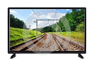 Flat high definition TV with railway on the screen