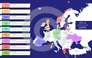 Flat high detailed Europe map. Capitals and country names. Divided into high detailed editable contours of countries.