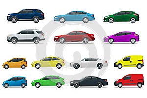 Flat high quality city transport car icon set. Sedan, van, cargo truck, off-road. Urban public and freight transport for