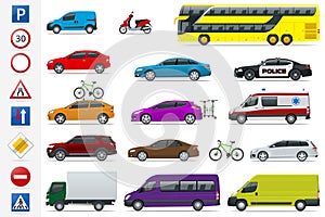 Flat high-quality city transport cars and road signs icon set. Side view sedan, van, cargo truck, off-road, bus, scooter