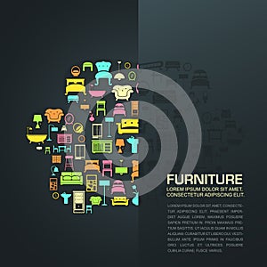 Flat home furniture icon design in a sofa shape with half transparent background space with sample text, create by vector