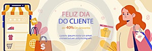 Flat horizontal sale banner template for dia do cliente Vector illustration.
