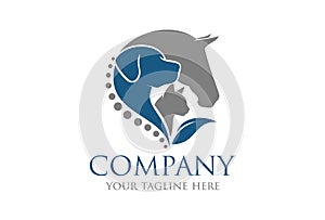 Horse, Dog, Cat Animal With Blue Leaf Logo Design