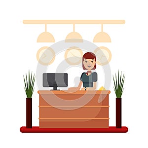 Flat hotel reception desk with young woman receptionist. Girl manager standing, business office concept. Welcome