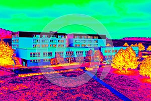 Flat house in cold surrounding scan. Thermal color spectre scale. Infra or thermography