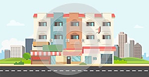 Flat house on main street with park and city background.Apartment with town landscape vector design.