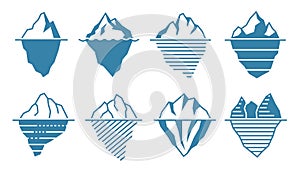 Flat iceberg. Floating acebergs with underwater part and tip, infographic template and arctic glacier vector