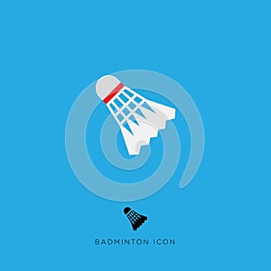 Flat icon badminton game. Sport emblem. White volant badminton on a blue background.