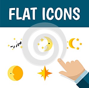 Flat Icon Bedtime Set Of Asterisk, Lunar, Nighttime And Other Vector Objects. Also Includes Night, Moon, Sky Elements.