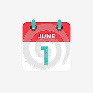 Flat icon calendar 1 of June. Date, day and month.