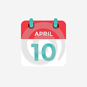 Flat icon calendar 10 of April. Date, day and month.