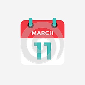 Flat icon calendar 11 of March. Date, day and month.