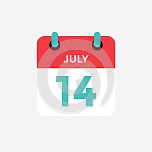 Flat icon calendar 14 of July. Date, day and month.