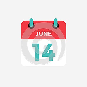 Flat icon calendar 14 of June. Date, day and month.