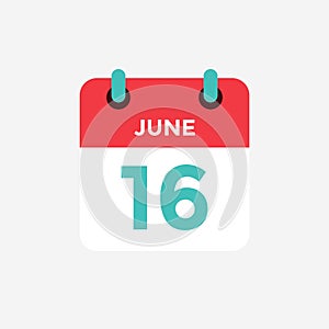 Flat icon calendar 16 of June. Date, day and month.