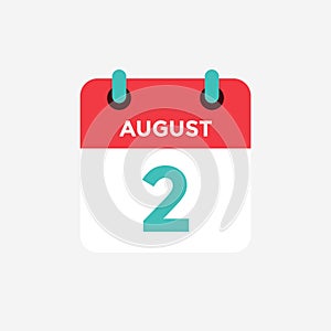 Flat icon calendar 2 of August . Date, day and month.