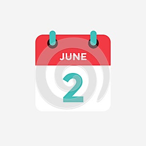Flat icon calendar 2 of June. Date, day and month.