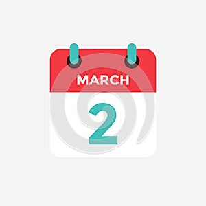 Flat icon calendar 2 of March. Date, day and month.