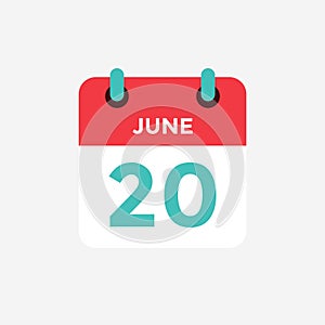 Flat icon calendar 20 of June. Date, day and month.