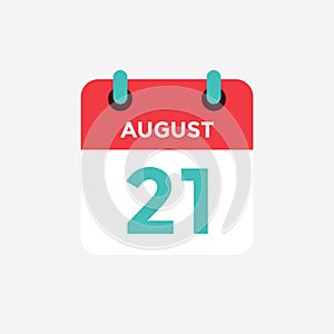 Flat icon calendar 21 of August. Date, day and month.