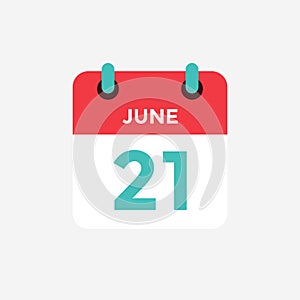 Flat icon calendar 21 of June. Date, day and month.