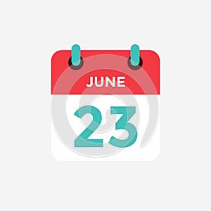 Flat icon calendar 23 of June. Date, day and month.