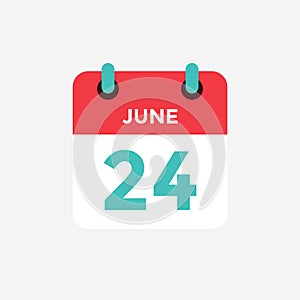 Flat icon calendar 24 of June. Date, day and month.