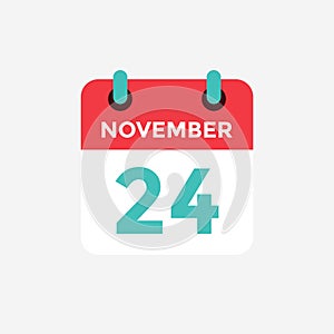 Flat icon calendar 24 November. Date, day and month.