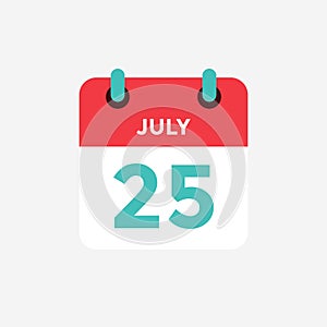 Flat icon calendar 25 of July. Date, day and month.