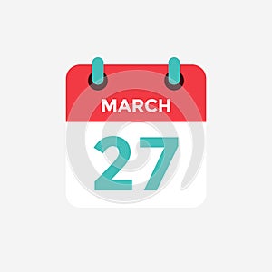 Flat icon calendar 27 of March. Date, day and month.