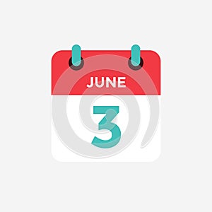 Flat icon calendar 3 of June. Date, day and month.