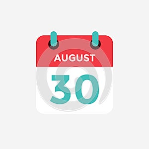 Flat icon calendar 30 of August . Date, day and month.
