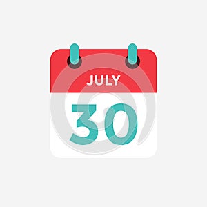 Flat icon calendar 30 of July. Date, day and month.