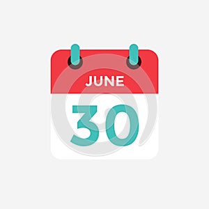 Flat icon calendar 30 of June. Date, day and month.