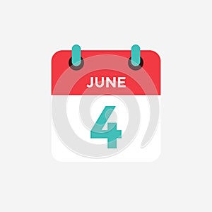 Flat icon calendar 4 of June. Date, day and month.