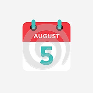 Flat icon calendar 5 of August . Date, day and month.