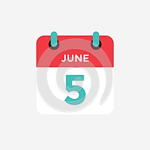 Flat icon calendar 5 of June. Date, day and month.