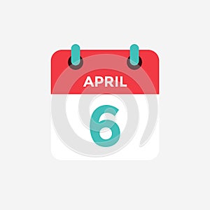 Flat icon calendar 6 of April. Date, day and month.