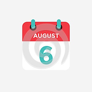 Flat icon calendar 6 of August . Date, day and month.